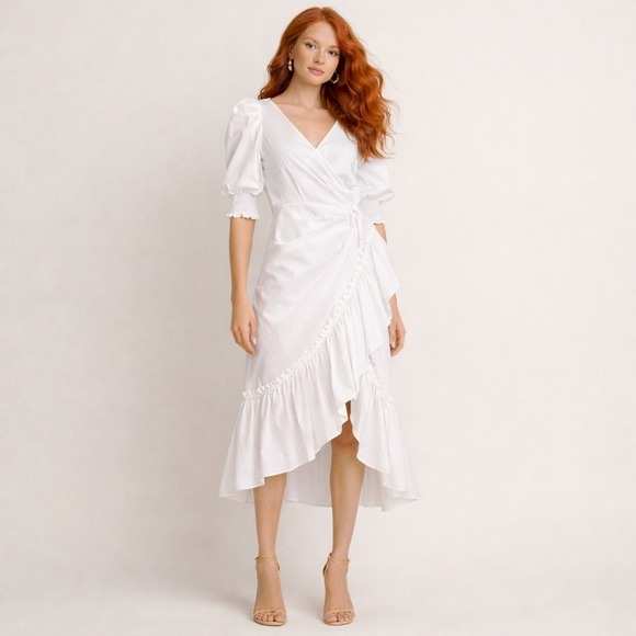 cinq a sept Dresses & Skirts - Cinq A Sept Kacy Ruffle Wrap Dress Puff Sleeve Est Sz 4 White